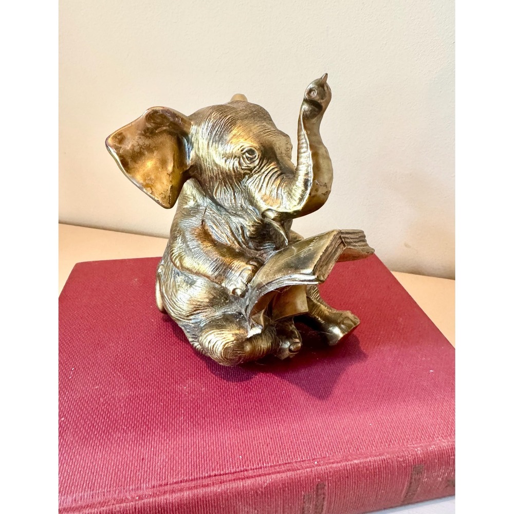 Vintage Brass Elephant Reading Book Figurine | Cute Elephant Statue | Bookworm